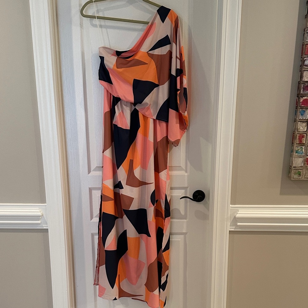 TCEC One-Shoulder Dress in Pink and Orange Abstract